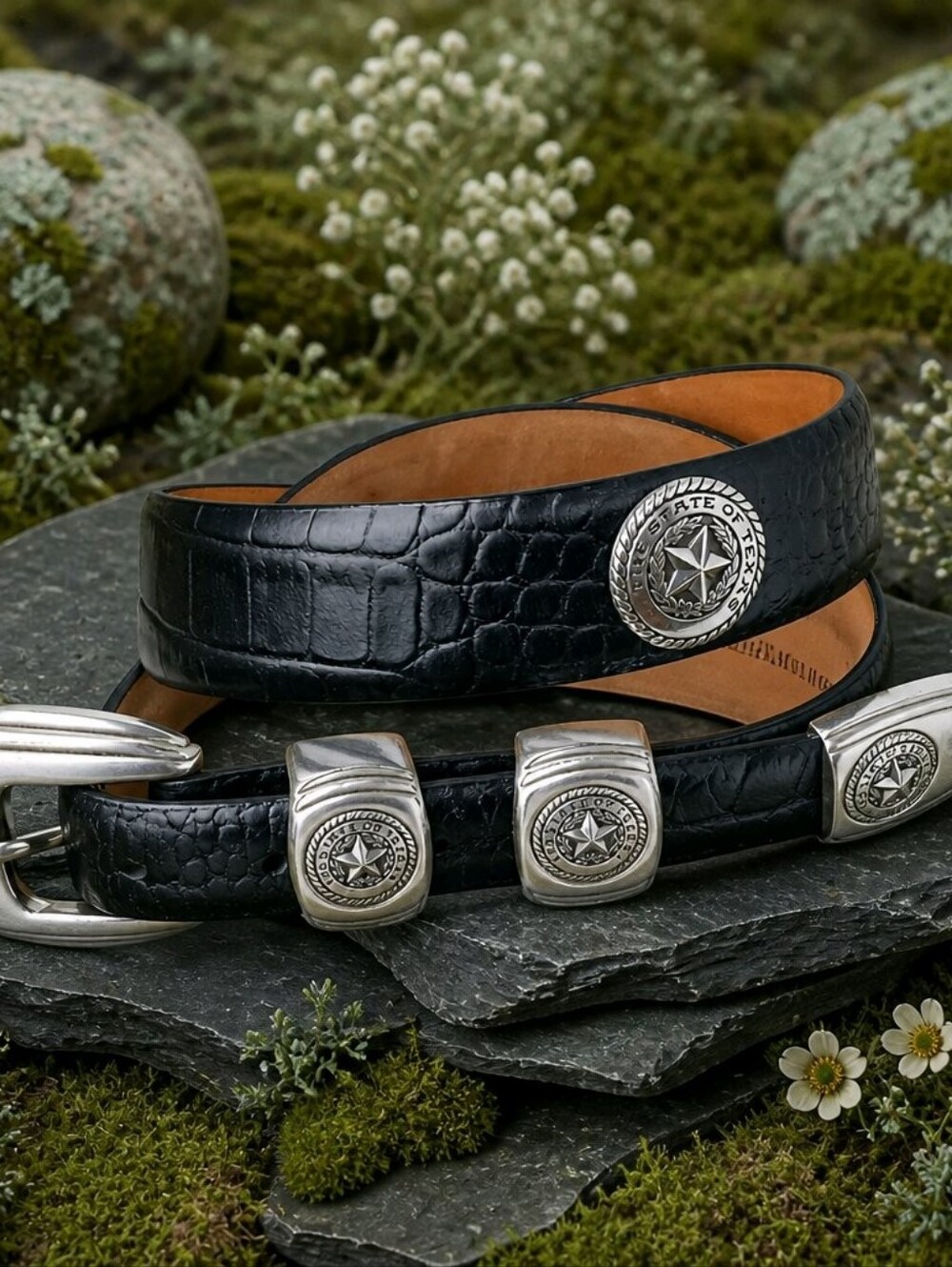 Black Croc-Embossed Leather Men’s Belt with Silver Conchos "State of Texas"